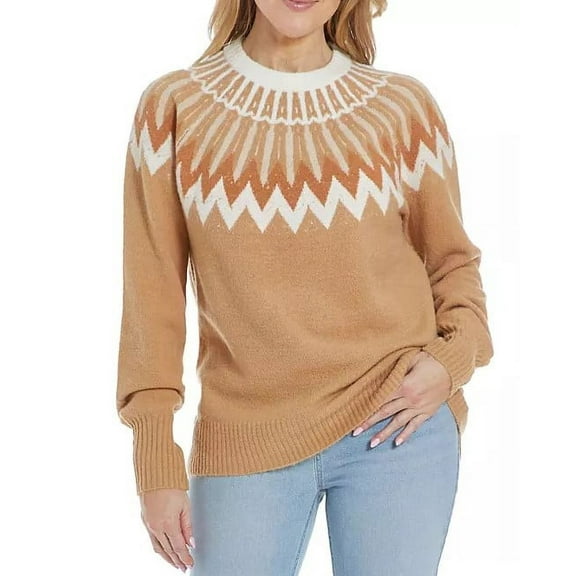 French Connection Essentials Women's Long Sleeve Fair Isle Sweater (Camel, XL)