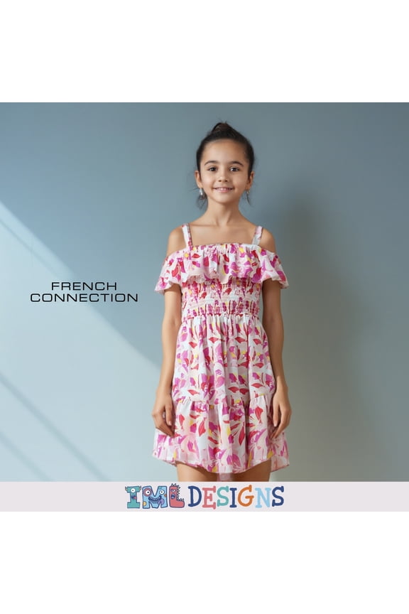 Girls' Off-Shoulder Floral Smocked Sundress with Ruffle for Kids (Sizes 4-16)