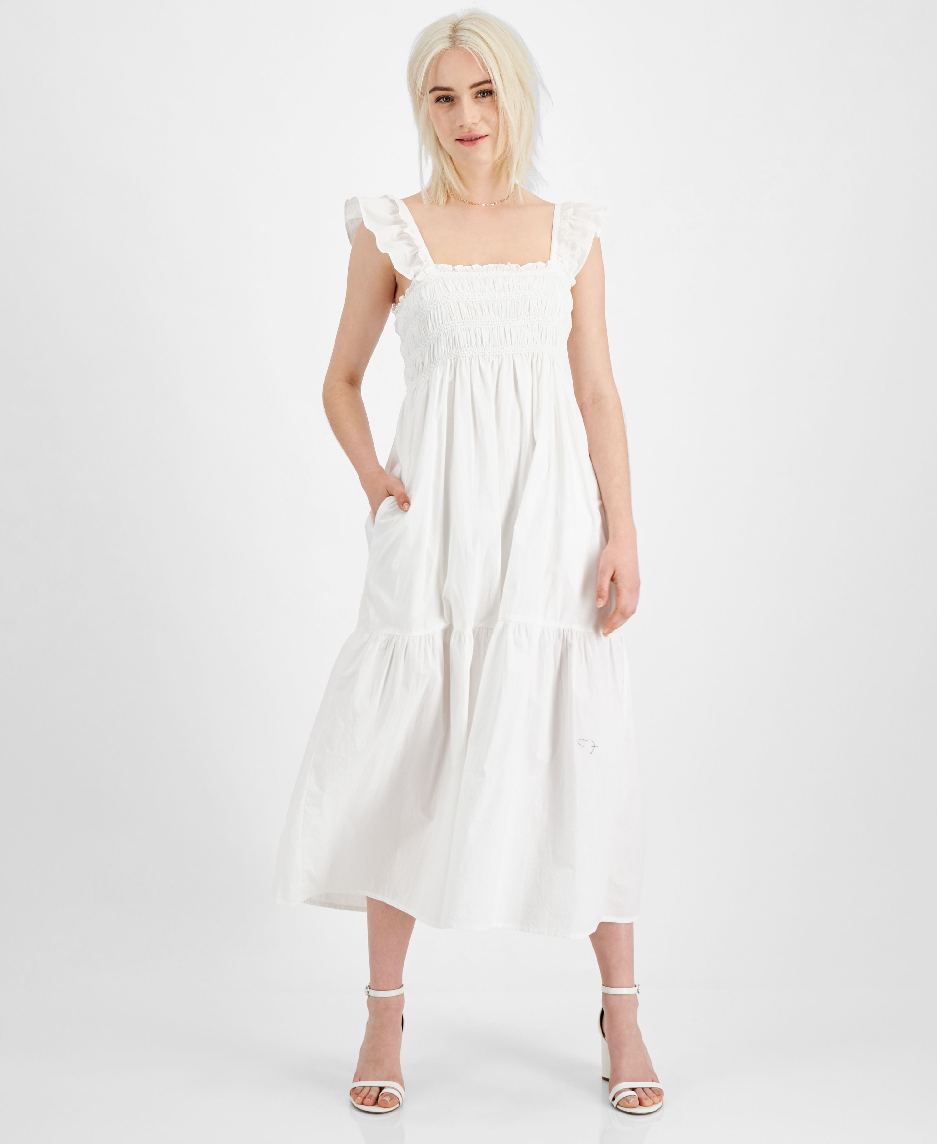 French Connection Isla Smocked Organic Cotton Midi Dress Linen White 2