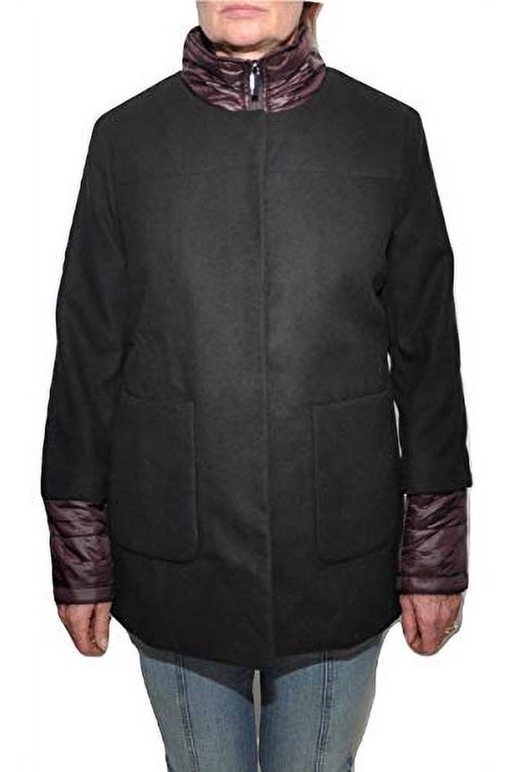 Mixed Media Detachable Stand Collar Coat, Black/Burgundy (Small)