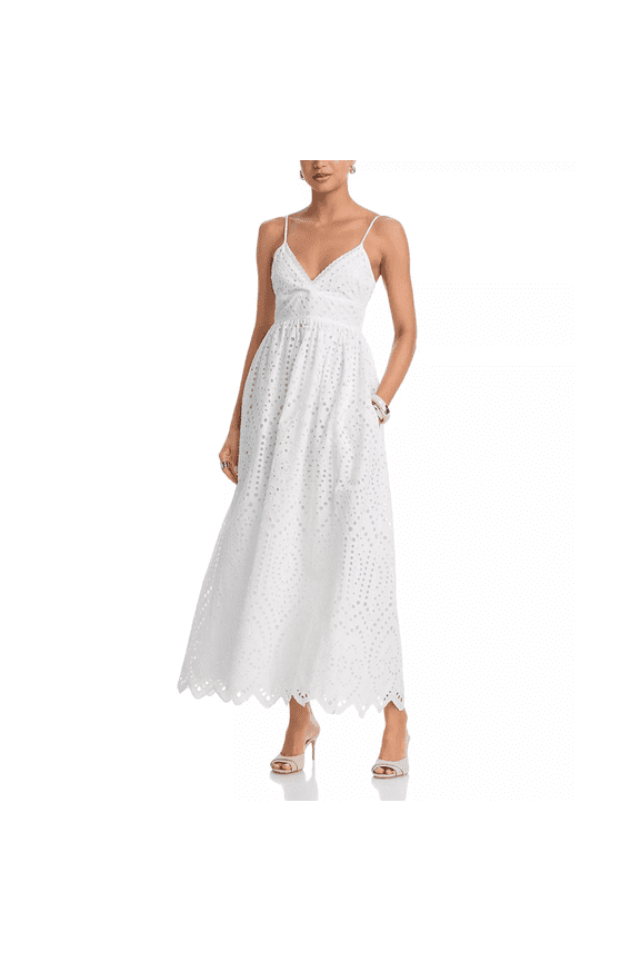Women White Cotton Eyelet Trini Fit & Flare Maxi Dress Size 8