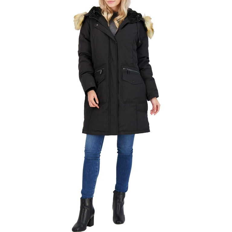 French Connection Women s Down Fill Mid Length Parka with Faux Fur Trim Hood Walmart
