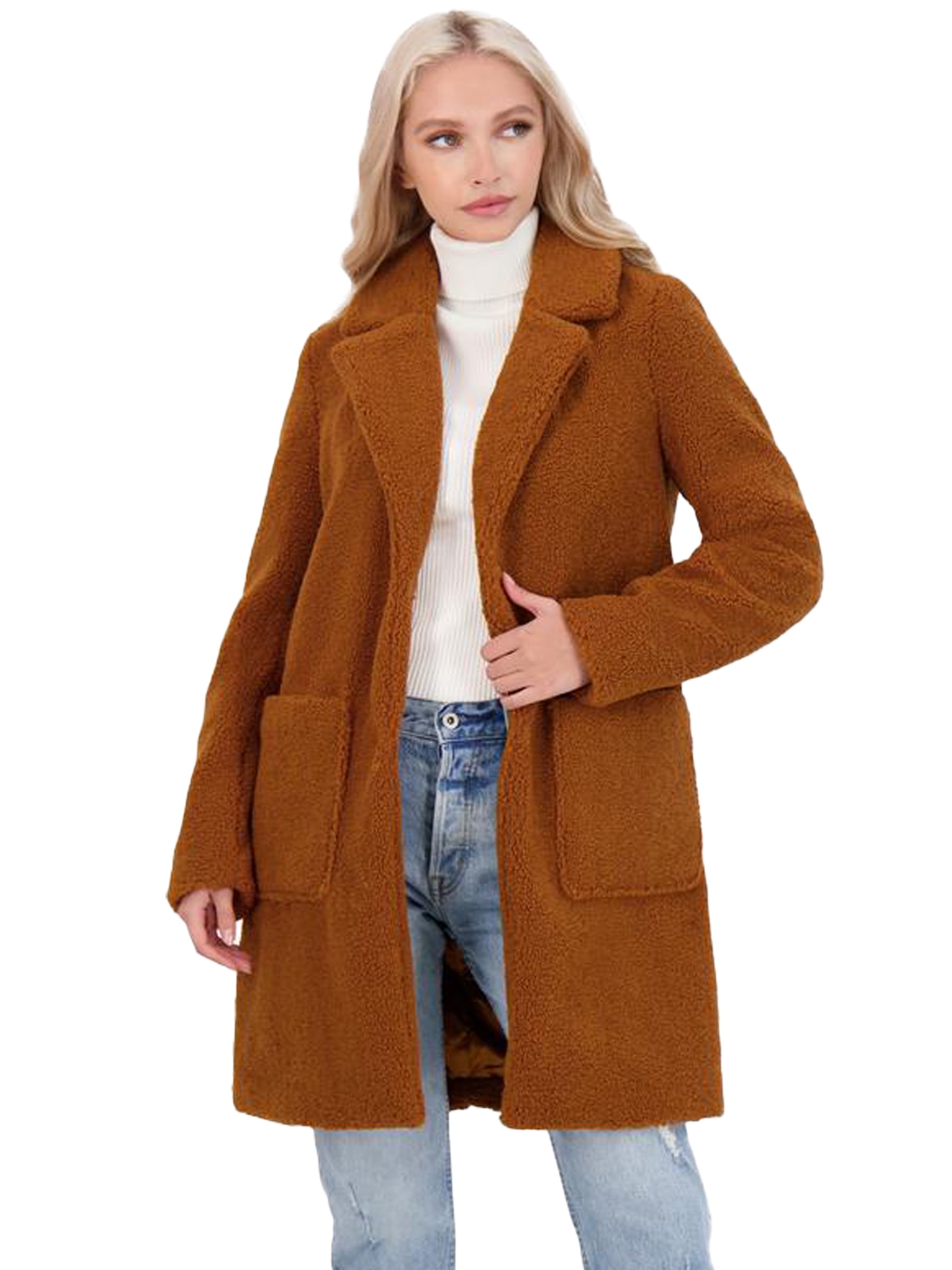 French Connection Women's Faux Shearling Teddy Lapel Midi Coat 
