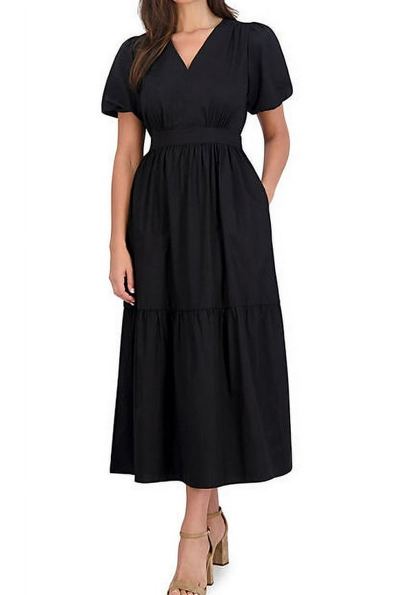 Women's Puff Sleeve Maxi Dress (Black, XL)