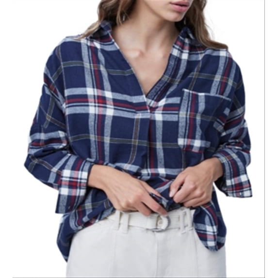 French Connection Women's Stacci Cotton Plaid Shirt Blue Size Medium