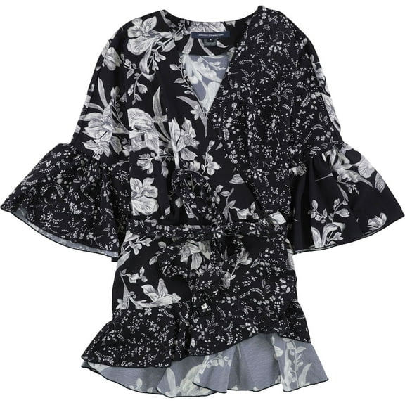 French Connection Womens Ellette Crepe Wrap Blouse, Blue, Medium