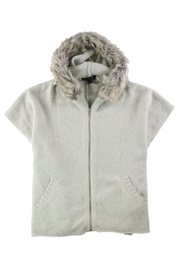 Womens Fall Fur Trim Poncho Sweater, Grey, Large