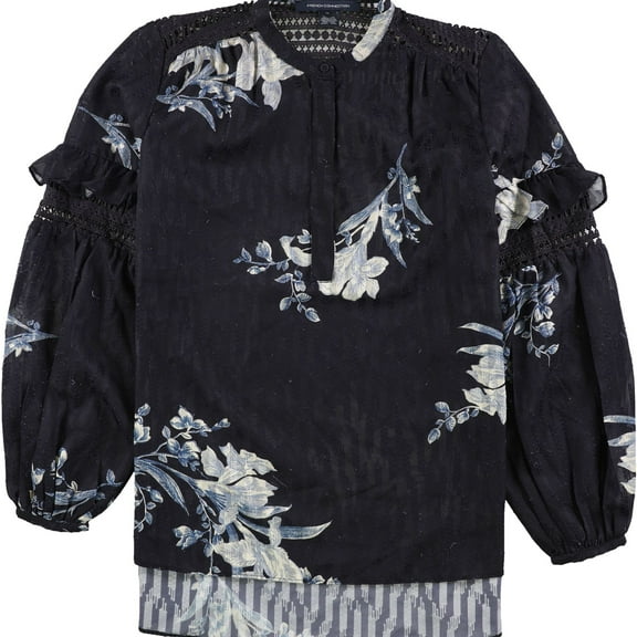 French Connection Womens Frill Sleeve Pullover Blouse, Blue, X-Small