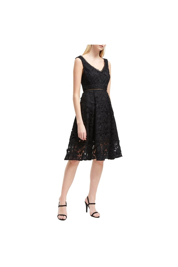 Womens Lace Fit & Flare Dress, Black, 2