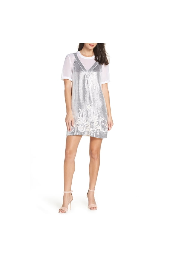 Womens Sparkle Sequin Shift Dress, White, 8