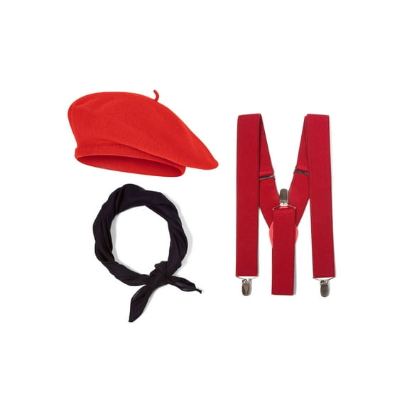 French Costume Kit, Red Beret, Red Suspenders, Black Bandana