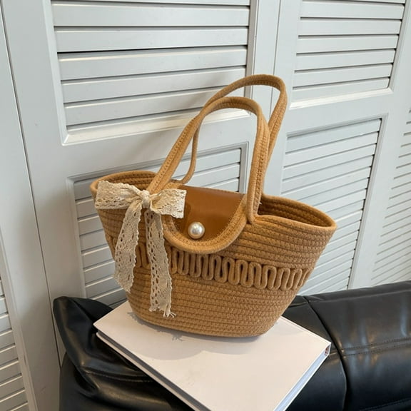 French Cotton Straw Bag, Handmade Woven Beach & Commuting Bag with Silk Scarf, Beige Khaki, 17.32x13.39x4.33in, Large Capacity