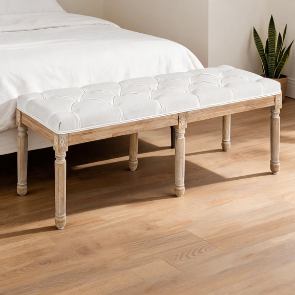 French Country 2-Seater Upholstered Bench, Button-Tufted Foam Cushion, Crisp White Polyester, 46 Inches
