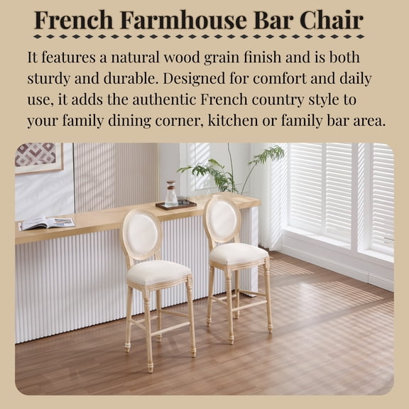 French Country Bar Chairs Set of 2, 30'' Height Upholstered Chairs with Round Back, Beige Cotton Linen & Solid Wood, Wire Drawing & Carving Details, Disassemblable, for Kitchen & Restaura