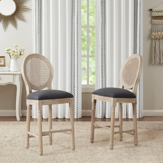 French Country Bar Stools Set of 2, 26" Seat Height Wooden Barstools with Solid Wood Frame Rattan Back Linen Upholstered Seating, Vintage Armless Farmhouse Kitchen Bar Stool Chairs, Grey
