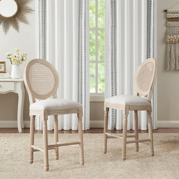 French Country Bar Stools Set of 2, 26" Seat Height Wooden Barstools with Solid Wood Frame Rattan Back Linen Upholstered Seating, Vintage Armless Farmhouse Kitchen Bar Stool Chairs, Beige