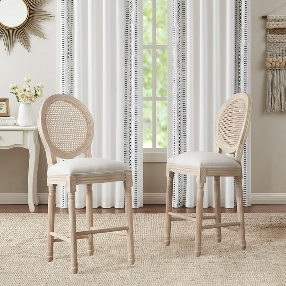 French Country Bar Stools Set of 2, 26" Seat Height Wooden Barstools with Solid Wood Frame Rattan Back Linen Upholstered Seating, Vintage Armless Farmhouse Kitchen Bar Stool Chairs, Beige
