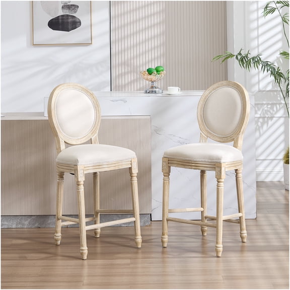 French Country 26" Bar Chairs Set of 2 Upholstered Cotton Linen Round Back Solid Wood for Kitchen Counter Restaurant