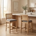 thumbnail image 1 of French Country Bar Stools Set of 2, Grey Rattan Counter Height Stools, Linen Upholstered, Farmhouse Wooden Barstools with Cane Back, Kitchen Island Chairs, Sillas para Barra de Cocina (Gray, 2 Pcs), 1 of 8