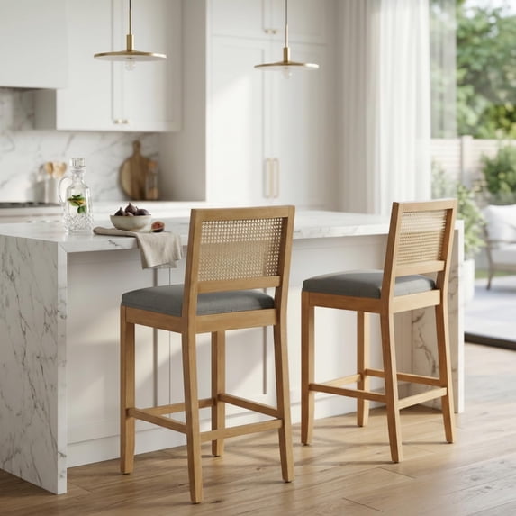 French Country Bar Stools Set of 2, Grey Rattan Counter Height Stools, Linen Upholstered, Farmhouse Wooden Barstools with Cane Back, Kitchen Island Chairs, Sillas para Barra de Cocina (Gray, 2 Pcs)