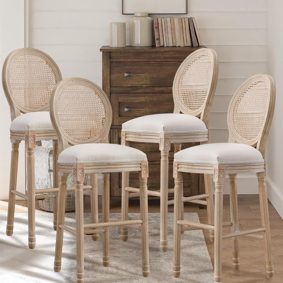 French Country Bar Stools Set of 4, 30" Seat Height Wooden Barstools with Solid Wood Frame Rattan Back Linen Upholstered Seating, Vintage Armless Farmhouse Kitchen Bar Stool Chairs, Beige