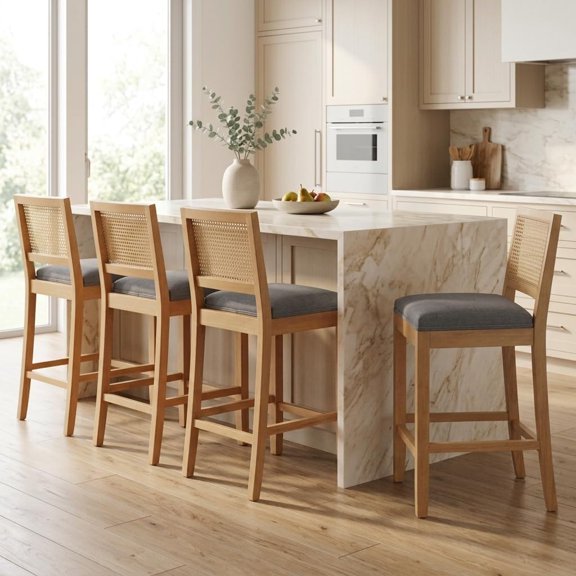 French Country Bar Stools Set of 4, Grey Rattan Counter Height Stools, Linen Upholstered, Farmhouse Wooden Barstools with Cane Back, Kitchen Island Chairs, Sillas para Barra de Cocina (Gray, 4 Pcs)
