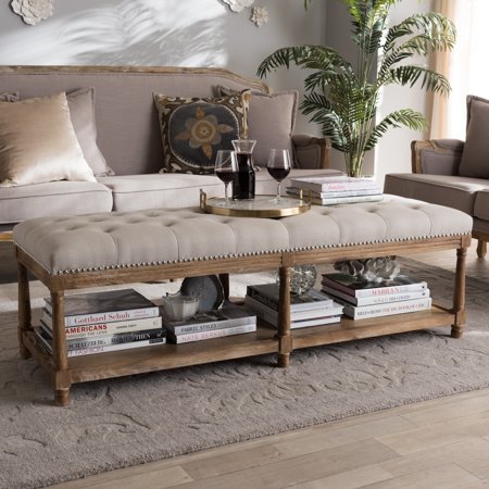 French Country Beige cotton-Linen Bench