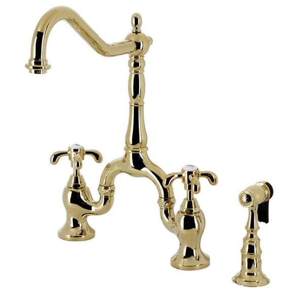 French Country Bridge Kitchen Faucet with Brass Sprayer, Polished Brass