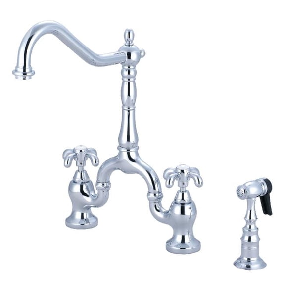French Country Bridge Kitchen Faucet with Brass Sprayer, Polished Chrome