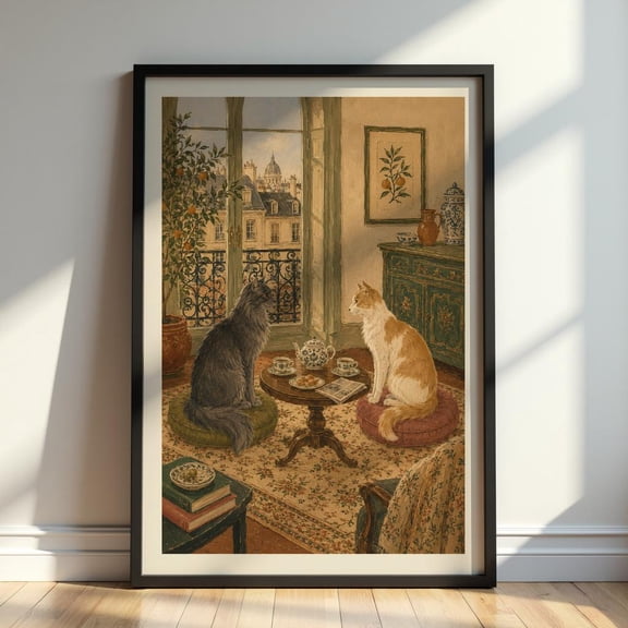 French Country Cat Wall Art, Paris Apartment Print, Cozy Tea Time Poster, Vintage Feline Decor, Cottagecore Artwork, Poster Only