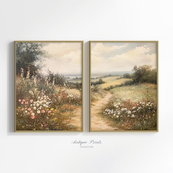 French Country Cottage Floral Landscape Split Farmhouse Art Set 2 Stretched Canvas 12x18
