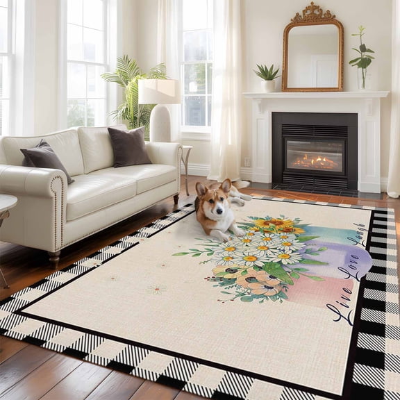 French Country Daisies Flower, Area Rug 5x8 FT, Non Slip Bedroom Throw Carpet, Farmhouse Rustic Sunflowers Plaid Plants Washable Soft Floor Carpet Non-Shedding Rug for Living Room Nursery Dorm Office