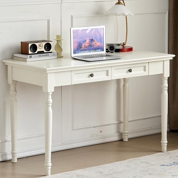 French Country Desk, 47” Farmhouse Computer Table for Home Office Desks, Solid Wood Living Room or Workspace Furniture, French Country Style (White)