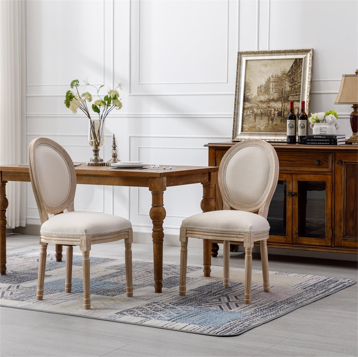 French Country Dining Chairs Set of 2,Antique Painting Linen Fabric ...