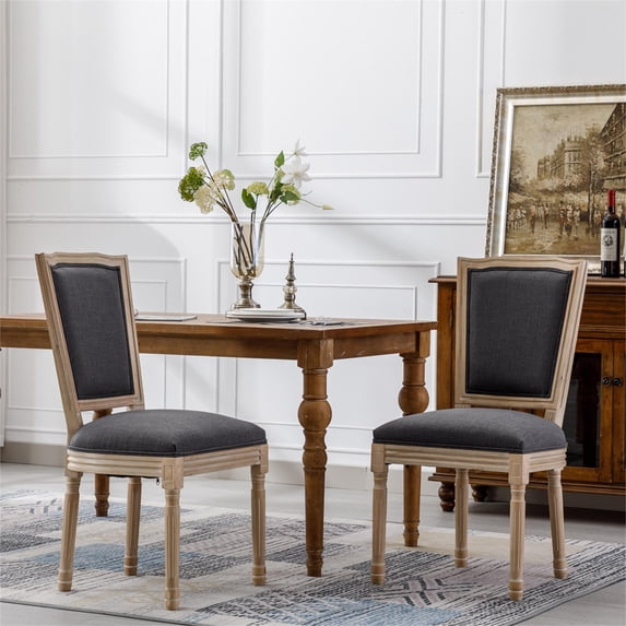 French Country Dining Chairs Set of 2,Antique Painting Linen Fabric Square Back Dining Chair with Backrest and Beautifully Carved Solid Wood Frame for Living Room,Kitchen,Restaurant,Grey