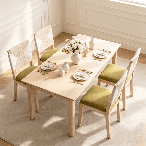 French Country Dining Chairs Set of 2, Beige Farmhouse Kitchen & Dining Room Chairs, Boho Wood Dining Chair with Woven Back & Linen Upholstered Seat, Solid Wood Frame, Olive Green