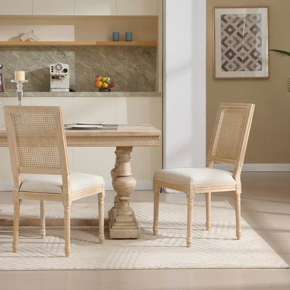 French Country Dining Chairs Set of 2 Beige with Natural Rattan Square Back Upholstered Seat Solid Wood Frame Carved Legs for Kitchen Dining Room Living Room