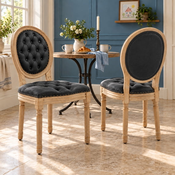 French Country Dining Chairs Set of 2, Black Kitchen & Dining Room Chairs Set of 2, Faux Leather Kitchen Chairs, Tufted Upholstered, Wood Legs, Sillas De Comedor (PU, Black, 2Pcs)