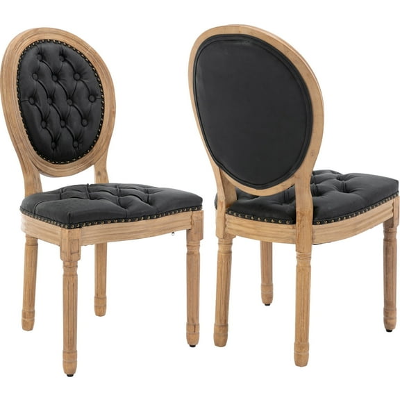 French Country Dining Chairs Set of 2, Black Kitchen & Dining Room Chairs Set of 2, Faux Leather Kitchen Chairs, Tufted Upholstered, Wood Legs, Sillas De Comedor (PU, Black, 2Pcs)