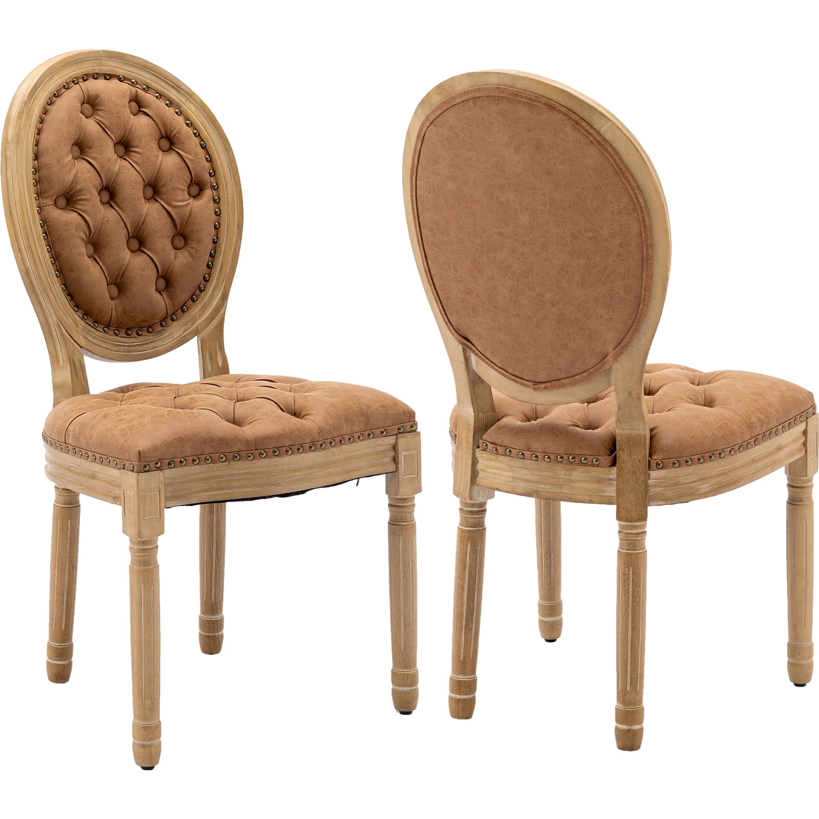 French Country Dining Chairs Set of 2, Caramel Kitchen & Dining Room Chairs, Faux Leather Kitchen Chairs, Tufted Upholstered, Wood Legs, Sillas De Comedor (PU, Amber, 2Pcs)