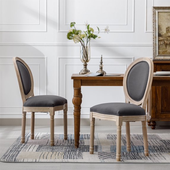 French Country Dining Chairs Set of 2, Farmhouse Fabric Chairs with Round Back, Beautifully Carved Solid Wood Frame Upholstered Side Chairs for Dining Room Kitchen Restaurant, Grey