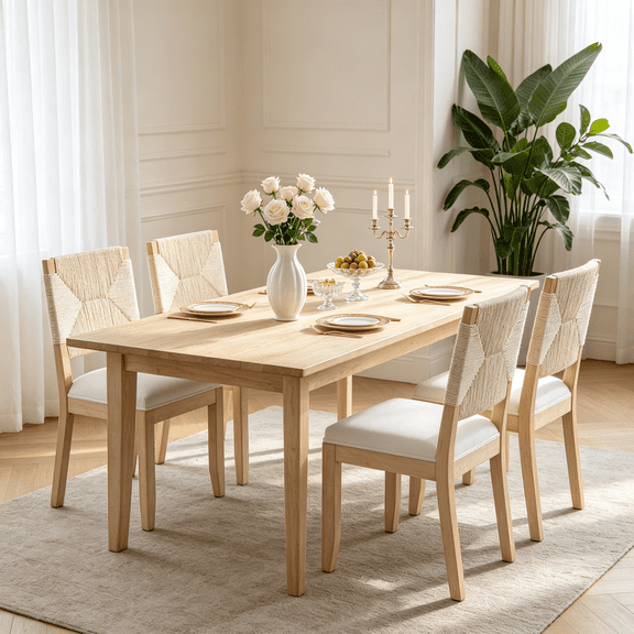 French Country Dining Chairs Set of 2, Farmhouse Kitchen Chairs with Woven Rope Back & Linen Upholstered Seat, Boho Solid Wood Dining Chairs for Dining Room, Kitchen, Beige