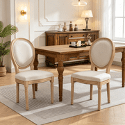 French Country Dining Chairs Set of 2, Linen Upholstered Oval Back Dining Room Chairs with Antique Solid Wood Frame, Farmhouse Accent Side Chairs for Kitchen, Living Room