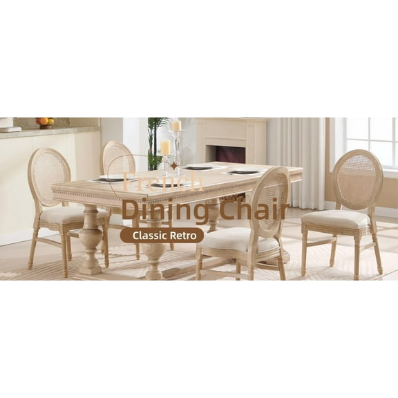 French Country Dining Chairs Set of 2, Upholstered with Carved Legs & Wire-Detail Frames, Natural Rattan Backrests, Disassemblable & Stackable for Home or Restaurant Use