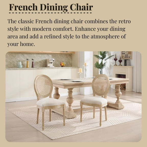 French Country Dining Chairs Set of 2, Upholstered Chairs with Nature Rattan Round Back, Wire drawing and carving techniques ,Disassemblable , for Living Room, Kitchen , Restaurant Use,Beige