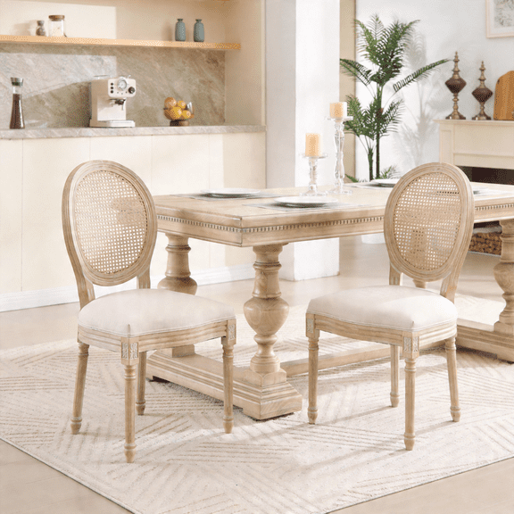 French Country Dining Chairs Set of 2, Upholstered Chairs with Rattan T-shaped Back, Wire drawing and carving techniques ,Disassemblable , for Living Room, Kitchen , Restaurant Use, Beige