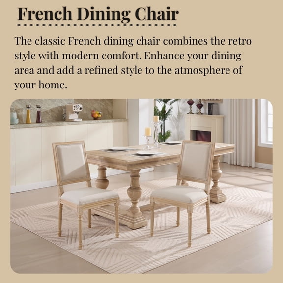 French Country Dining Chairs Set of 2, Upholstered Chairs with Square Back, Wire drawing and carving techniques ,Disassemblable , for Living Room, Kitchen , Restaurant Use, Beige