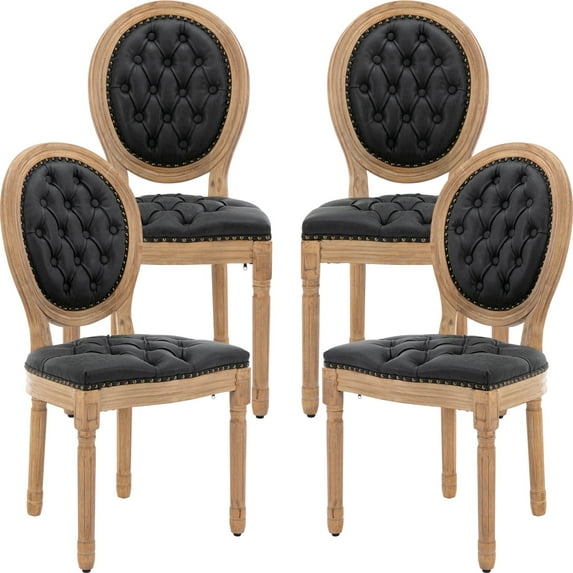French Country Dining Chairs Set of 4, Black Kitchen & Dining Room Chairs Set of 4, Faux Leather Kitchen Chairs, Tufted Upholstered, Wood Legs, Sillas De Comedor (PU, Black, 4Pcs)