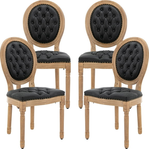 French Country Dining Chairs Set of 4, Black Kitchen & Dining Room Chairs Set of 4, Faux Leather Kitchen Chairs, Tufted Upholstered, Wood Legs, Sillas De Comedor (PU, Black, 4Pcs)
