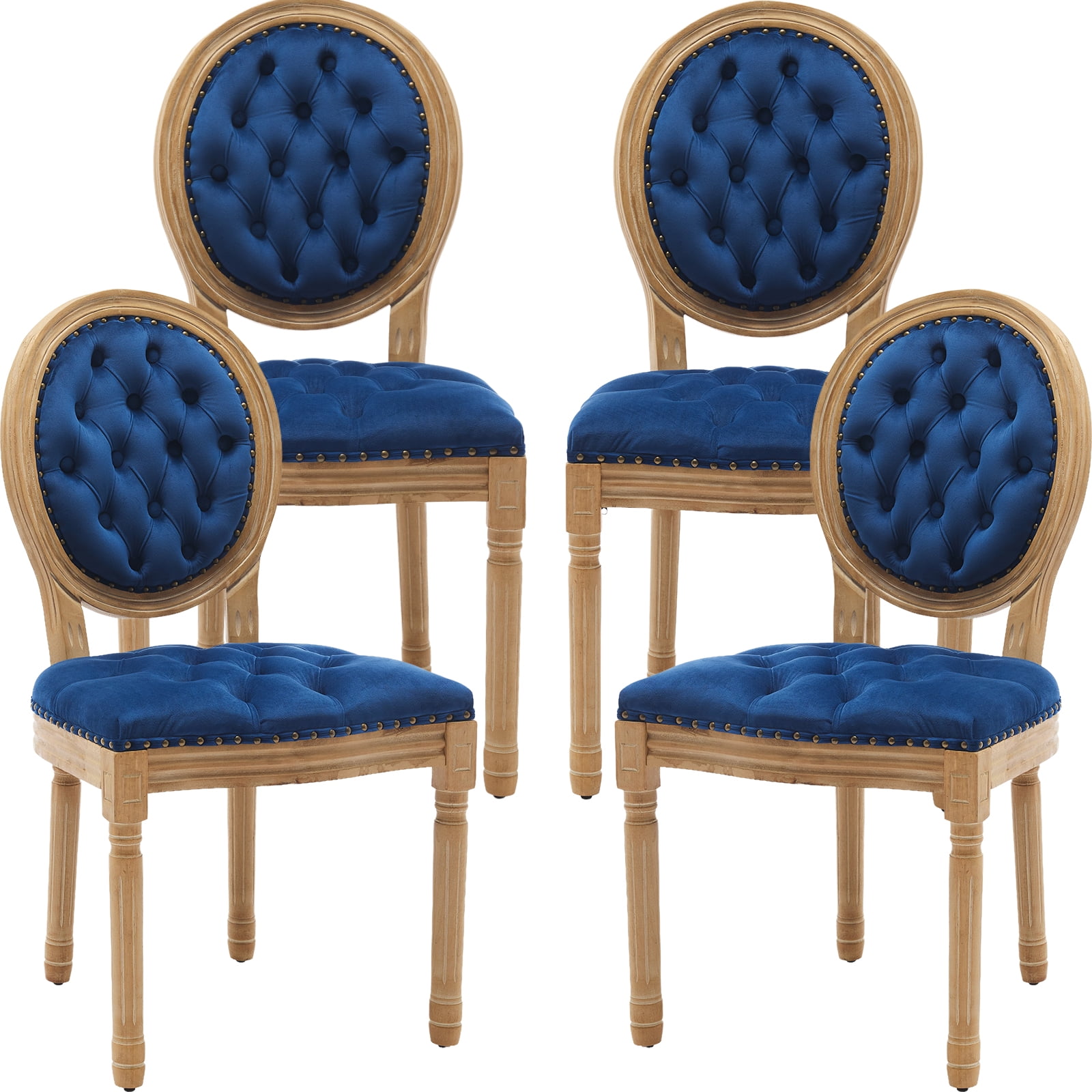 Set of 4 Blue Velvet Upholstered Side Chairs with Wood Frame